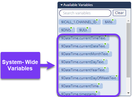 A sample Available Variables section of the Configuration Panel for an action, with system-wide variables highlighted